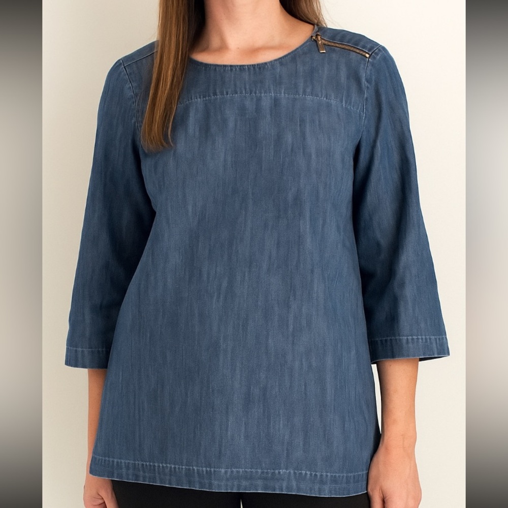 Martha Stewart Denim Ava Top Size Large Shoulder Zipper Jean Blouse
